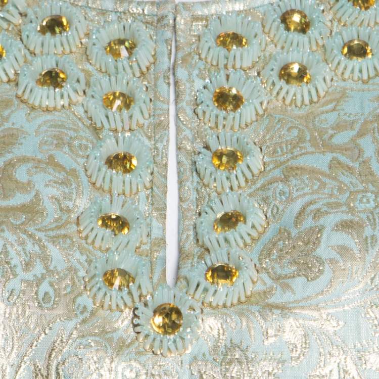 Pre Owned Tory Burch Seafoam Green Crystal Embellished Floral Jacquard Lola Top L