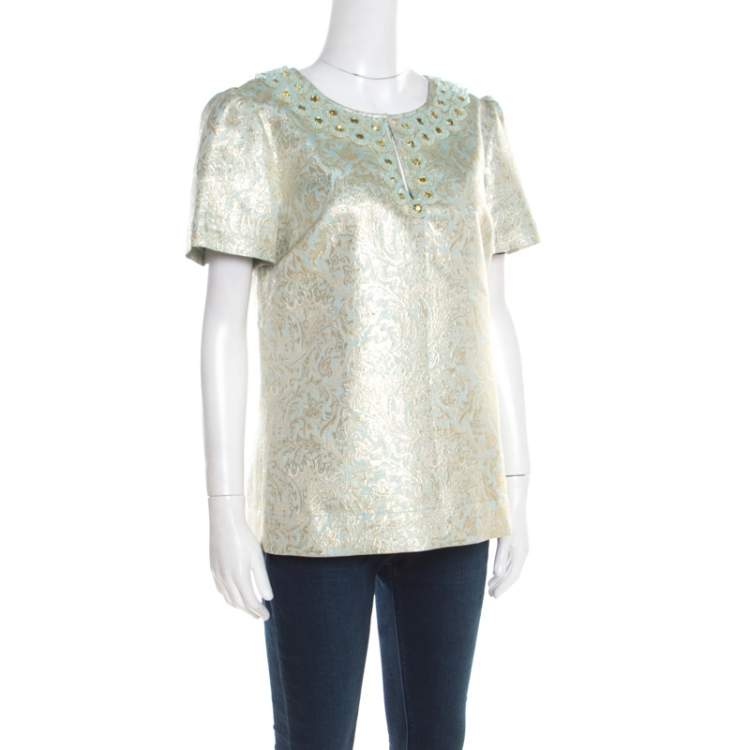 Tory Burch Seafoam Green Crystal Embellished Floral Jacquard Lola