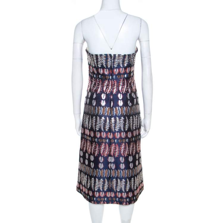 Pre Owned Tory Burch Navy Blue Lurex Fern Patterned Pleated Bodice Strapless Dress S