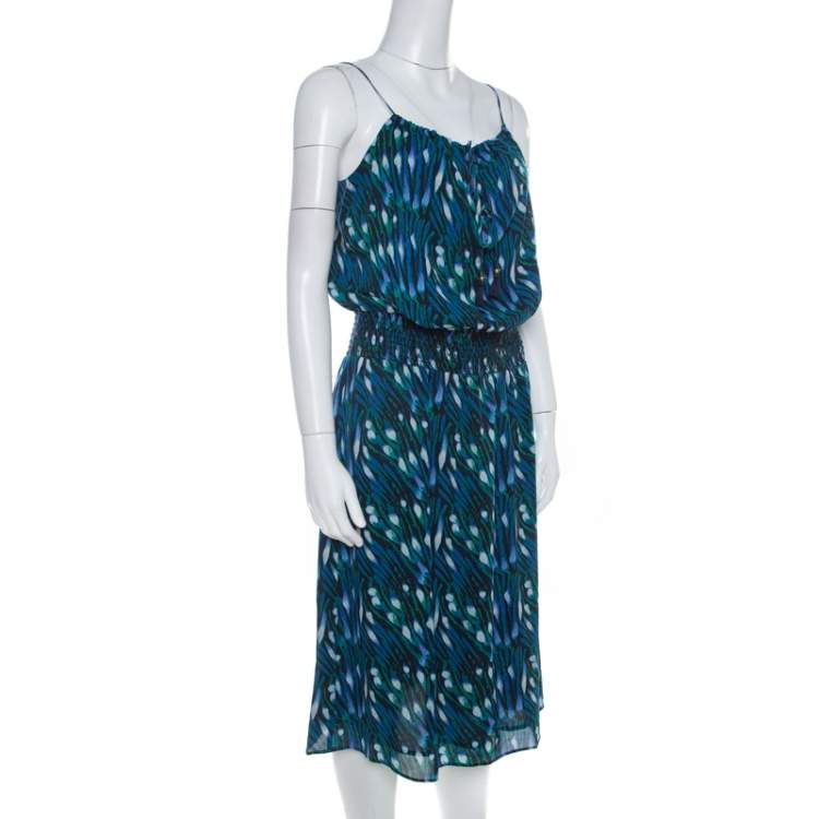 Pre Owned Tory Burch Blue Peacock Print Silk Tassel Detail Camisole Dress M