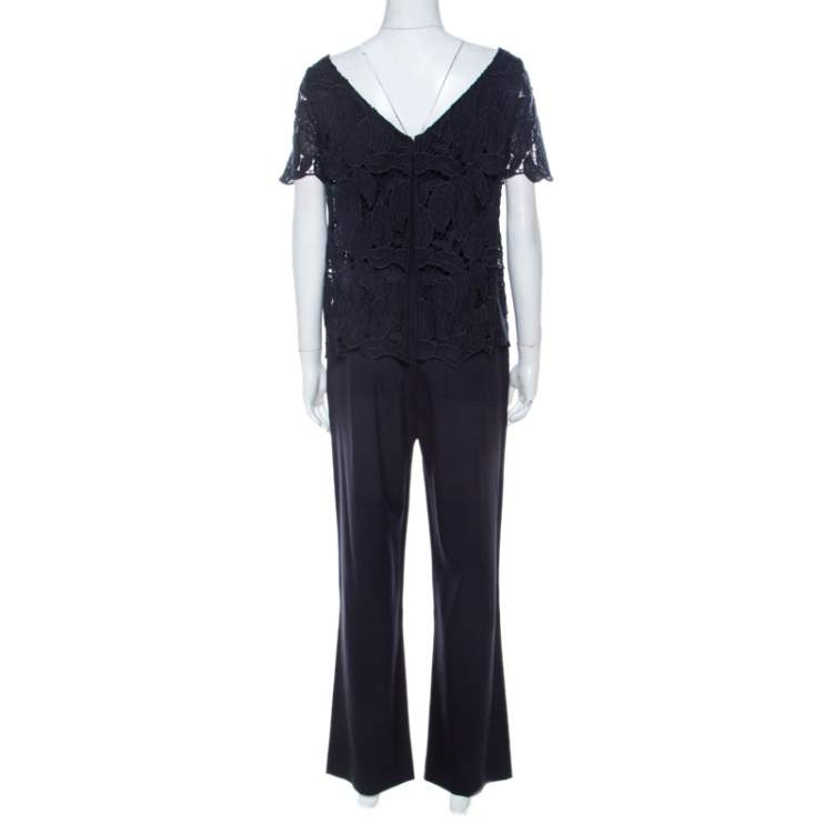 Pre Owned Tory Burch Navy Blue Avalon Lace Short Sleeve Jumpsuit S 