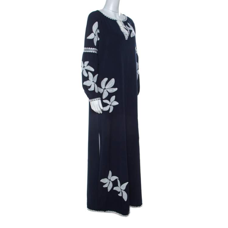 Pre Owned Tory Burch Navy Blue Crepe Embroidered Full Sleeve Jillian Maxi Dress M