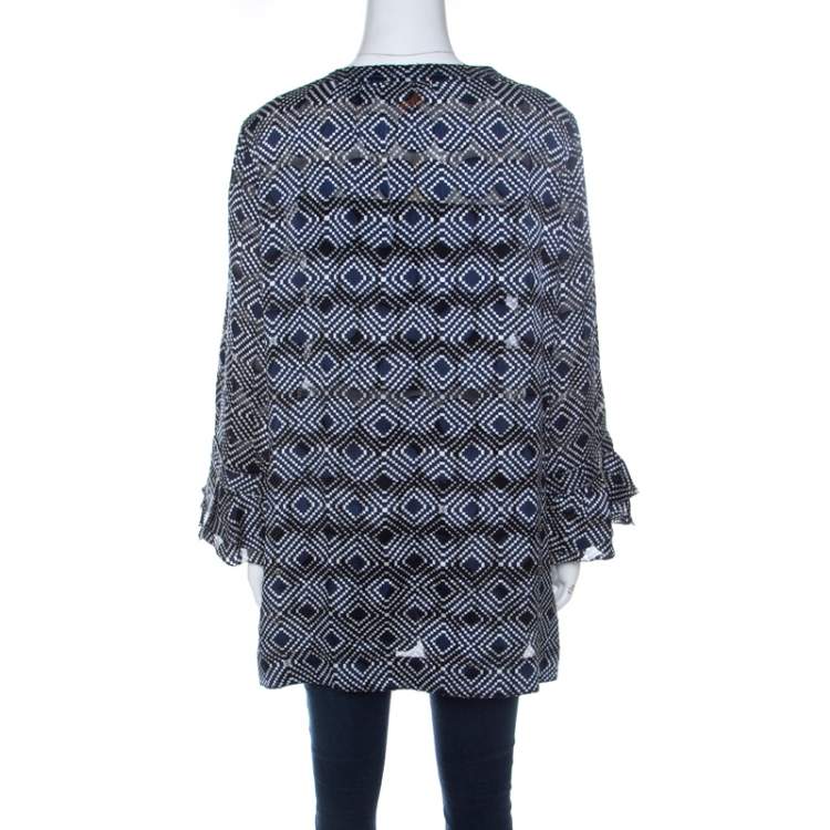 Pre Owned Tory Burch Navy Blue and White Printed Silk Ruffle Detail Top XL 
