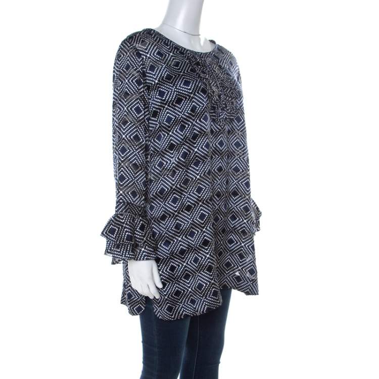 Pre Owned Tory Burch Navy Blue and White Printed Silk Ruffle Detail Top XL 
