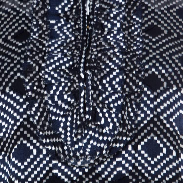 Pre Owned Tory Burch Navy Blue and White Printed Silk Ruffle Detail Top XL 
