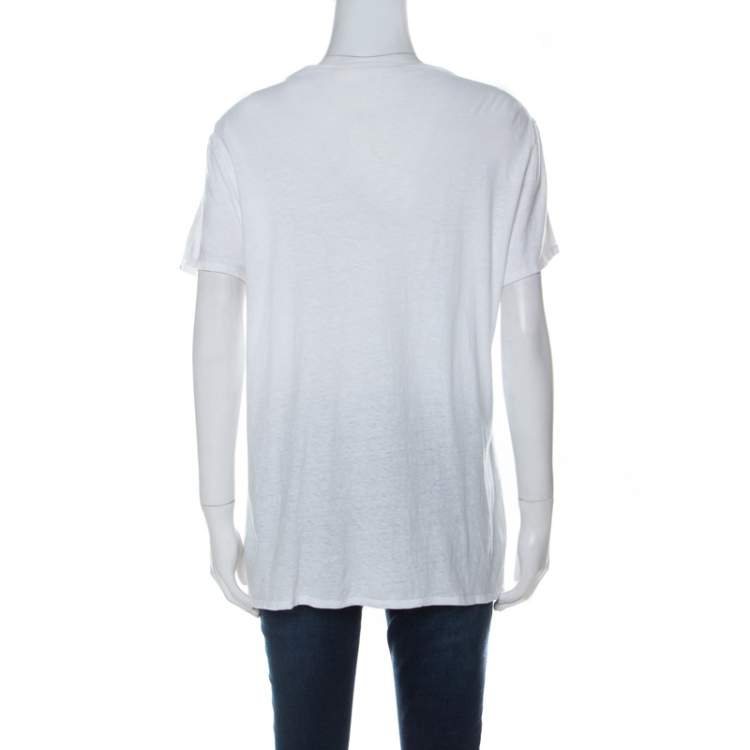 Pre Owned Tory Burch White Cotton Turquoise Bead Embellished T Shirt XL