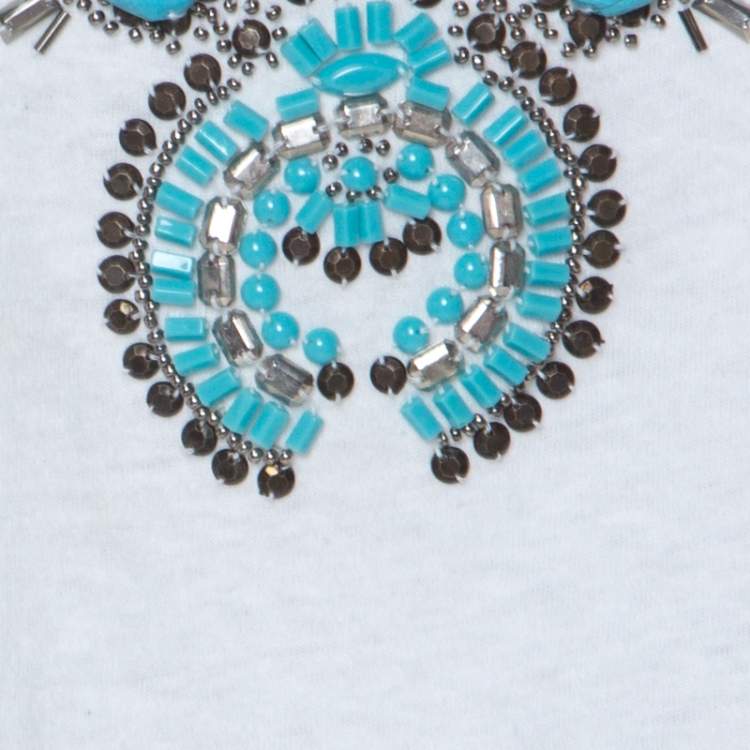 Pre Owned Tory Burch White Cotton Turquoise Bead Embellished T Shirt XL