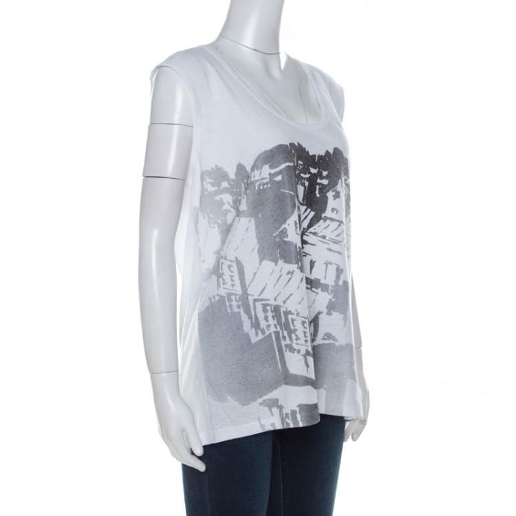 Pre Owned Tory Burch White Contrast Print Cotton French Sleeve T-Shirt XL