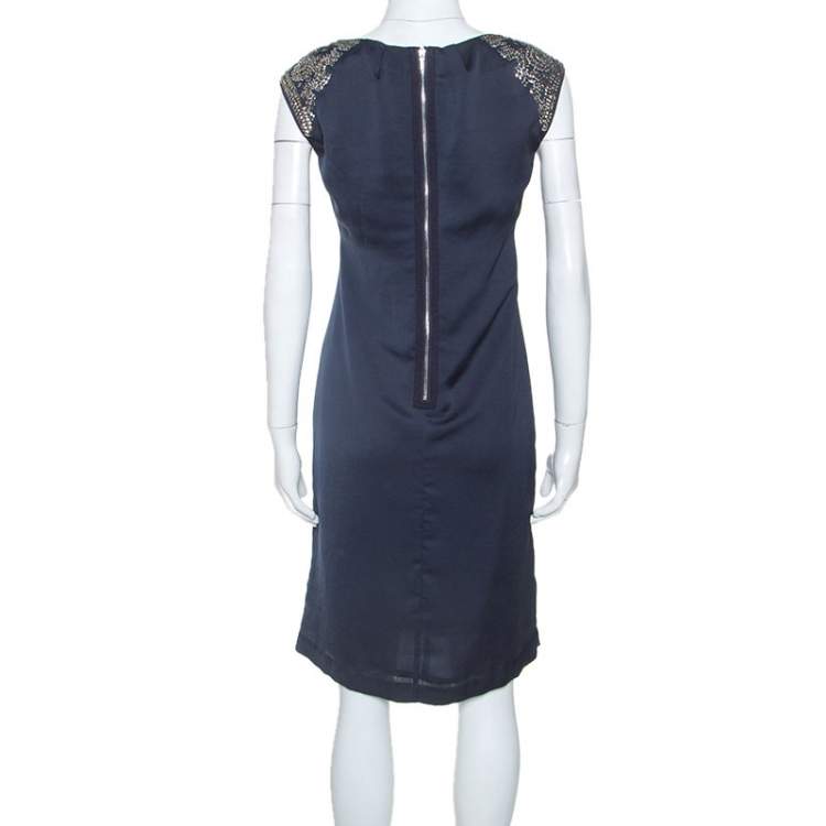 Pre Owned Tory Burch Navy Blue Embellished Satin Sleeveless Shift Dress M