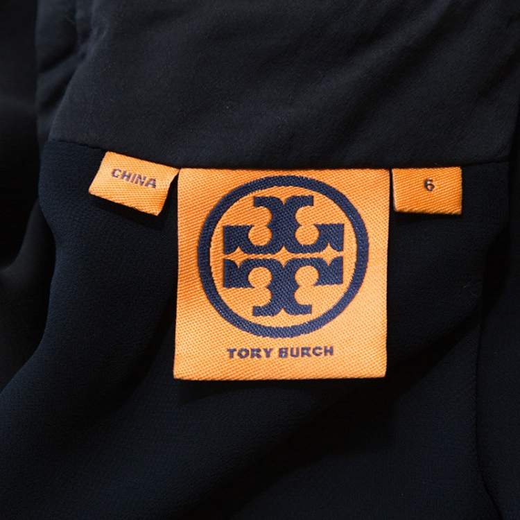 Pre Owned Tory Burch Navy Blue Embellished Satin Sleeveless Shift Dress M