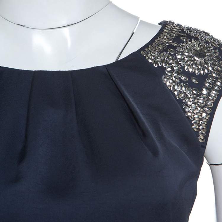 Pre Owned Tory Burch Navy Blue Embellished Satin Sleeveless Shift Dress M