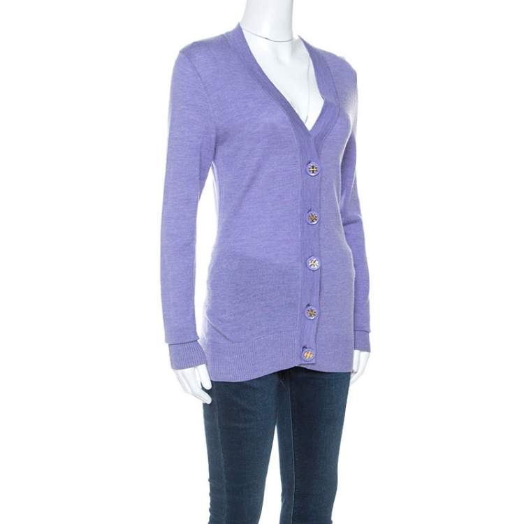 Pre Owned Tory Burch Lavender Purple Merino Wool Buttoned Cardigan S