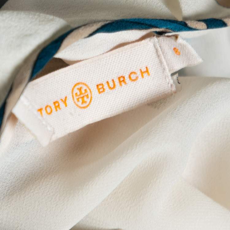 Pre Owned Tory Burch Cream White Silk Printed Dress M