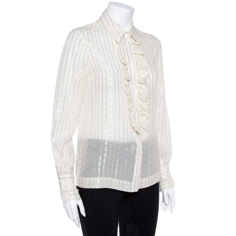Pre Owned Tory Burch Cream Lurex Striped Silk Ruffled Shirt M