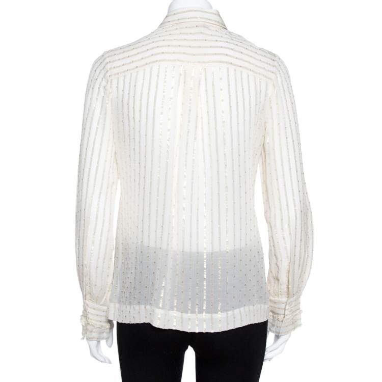 Pre Owned Tory Burch Cream Lurex Striped Silk Ruffled Shirt M