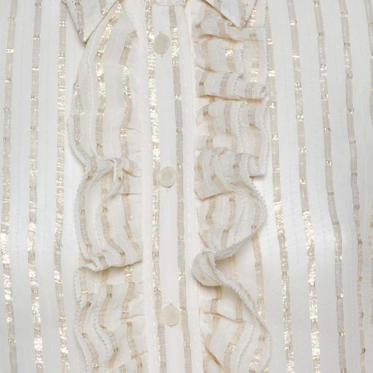 Pre Owned Tory Burch Cream Lurex Striped Silk Ruffled Shirt M