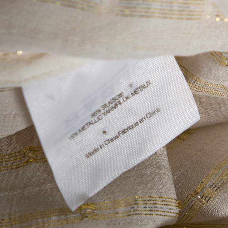 Pre Owned Tory Burch Cream Lurex Striped Silk Ruffled Shirt M