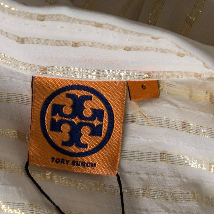 Pre Owned Tory Burch Cream Lurex Striped Silk Ruffled Shirt M