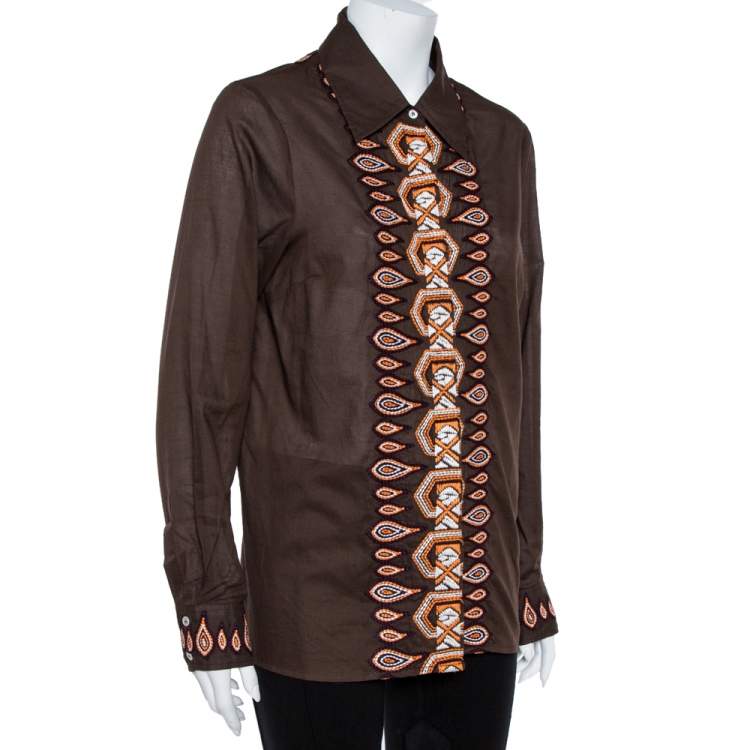 Pre Owned Tory Burch Brown Cotton Embroidered Button Front Shirt L