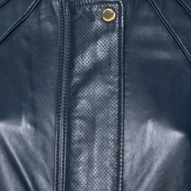Pre Owned Tory Burch Navy Blue Perforated Leather Biker Jacket S 