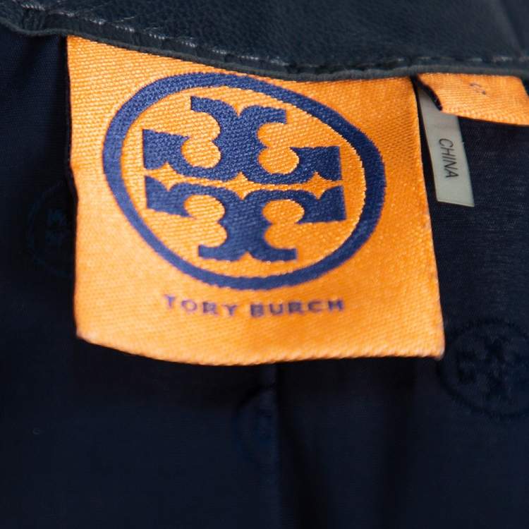 Pre Owned Tory Burch Navy Blue Perforated Leather Biker Jacket S 