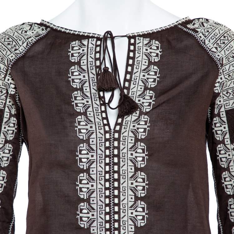 Pre Owned Tory Burch Brown Cotton Embroidered Neck Tie Detail Top S