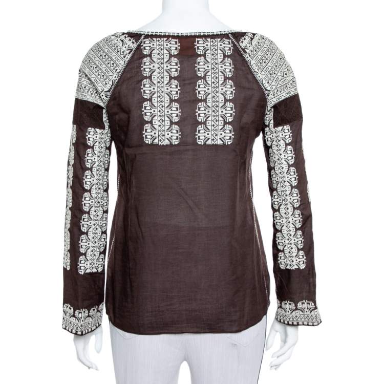 Pre Owned Tory Burch Brown Cotton Embroidered Neck Tie Detail Top S