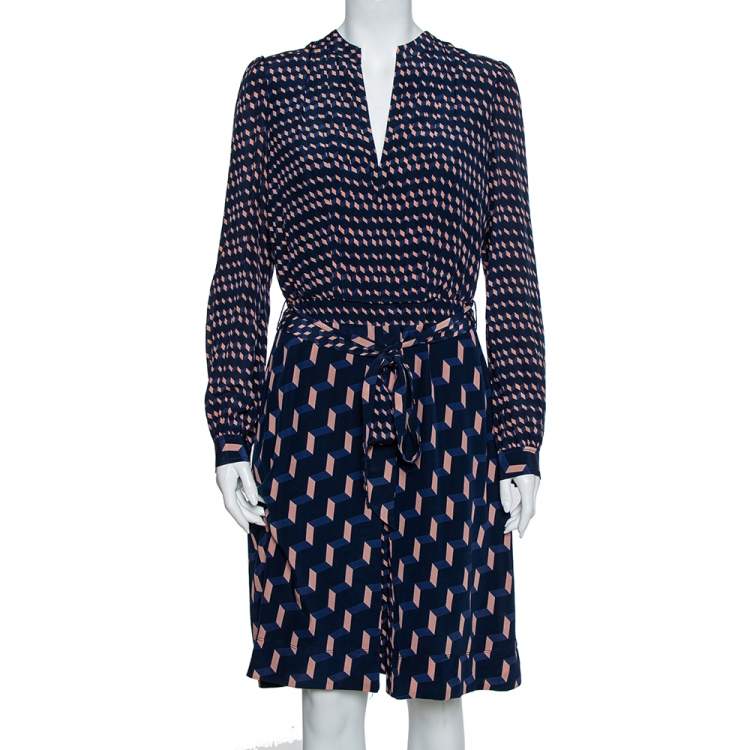 Tory Burch Navy Blue Contrast Printed Silk Belted Judi Dress L Tory Burch |  TLC