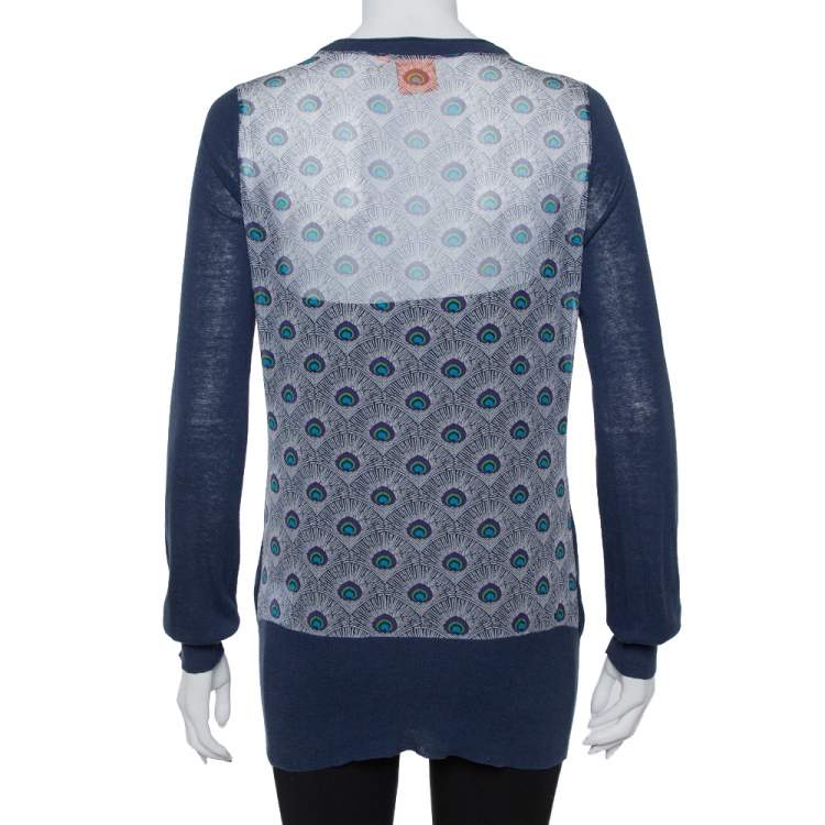 Pre Owned Tory Burch Navy Blue Knit & Peacock Feather Printed Silk Button Front Cardigan XS