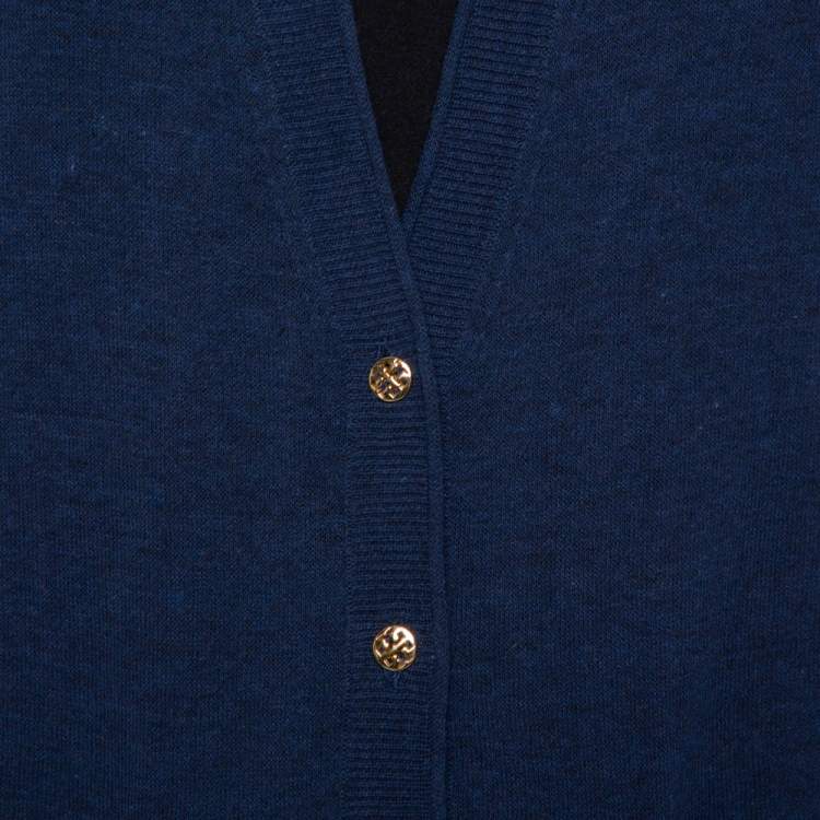 Pre Owned Tory Burch Navy Blue Knit & Peacock Feather Printed Silk Button Front Cardigan XS