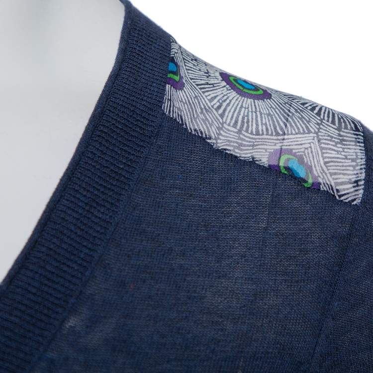 Pre Owned Tory Burch Navy Blue Knit & Peacock Feather Printed Silk Button Front Cardigan XS