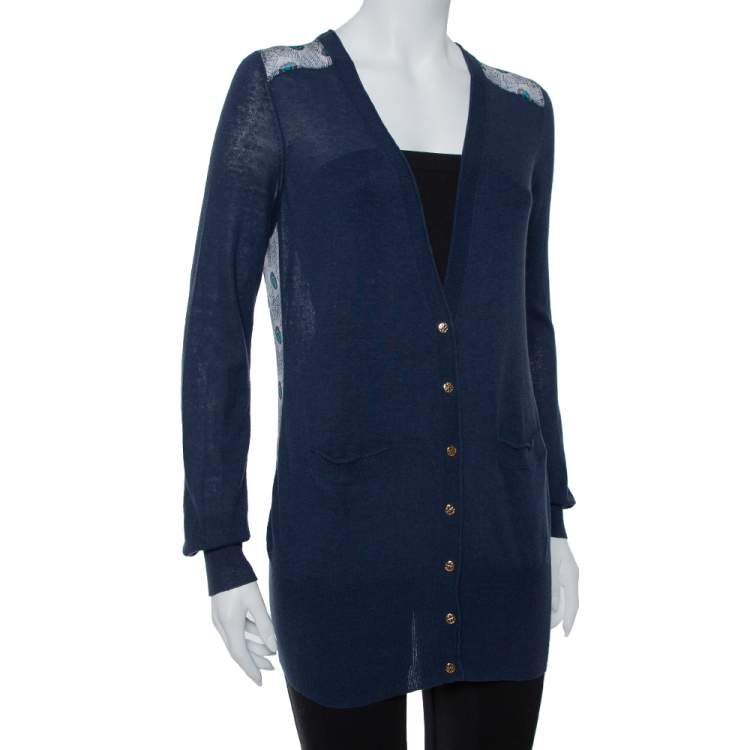 Tory Burch Navy Blue Knit & Peacock Feather Printed Silk Button Front  Cardigan XS Tory Burch | TLC