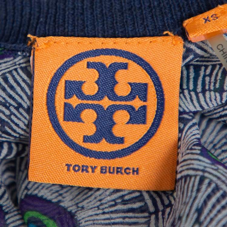 Pre Owned Tory Burch Navy Blue Knit & Peacock Feather Printed Silk Button Front Cardigan XS