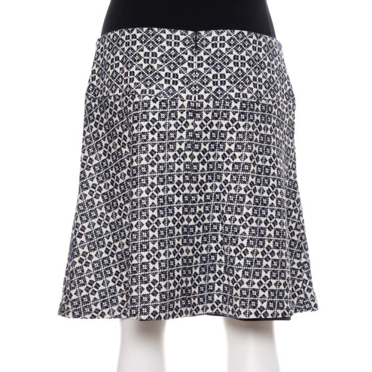 Pre Owned Tory Burch Navy Blue & White Textured Cotton Geometric Embroidered Burlap Mini Skirt M