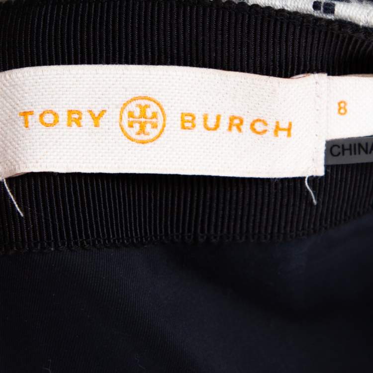 Pre Owned Tory Burch Navy Blue & White Textured Cotton Geometric Embroidered Burlap Mini Skirt M