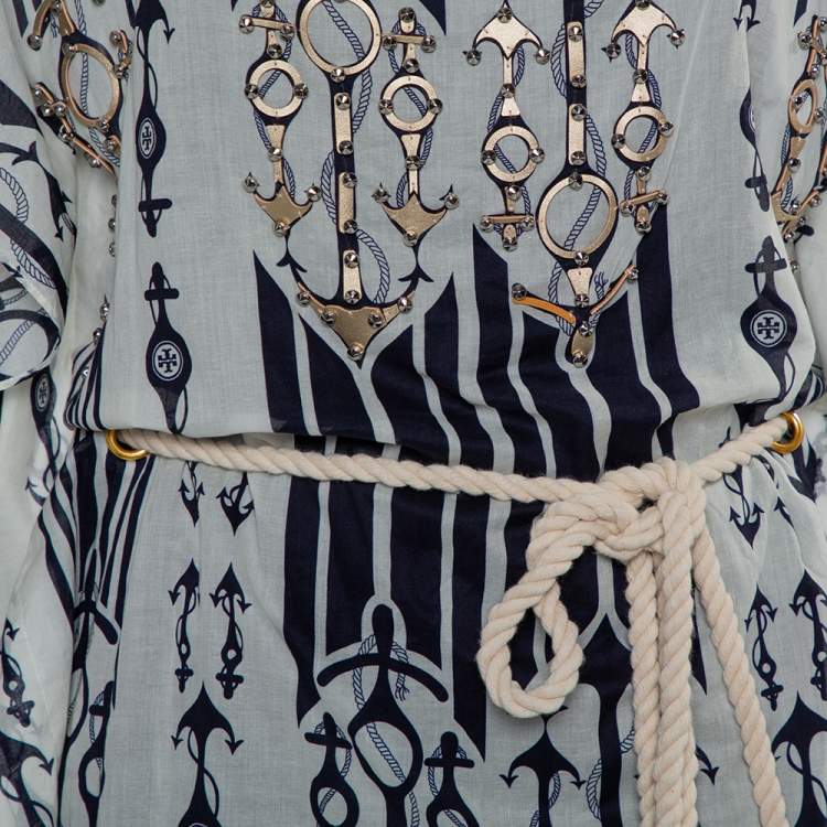 Pre Owned Tory Burch White Anchor Printed Cotton Belted Kaftan Dress M