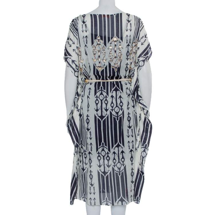Pre Owned Tory Burch White Anchor Printed Cotton Belted Kaftan Dress M