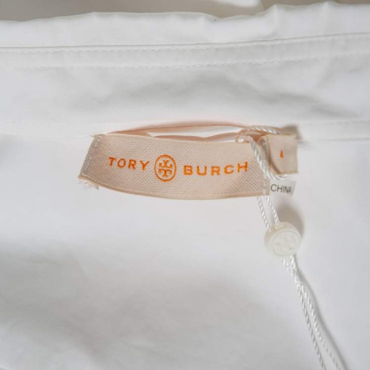 Pre Owned Tory Burch White Cotton Scalloped Ruffled Trim Shirt Dress S 