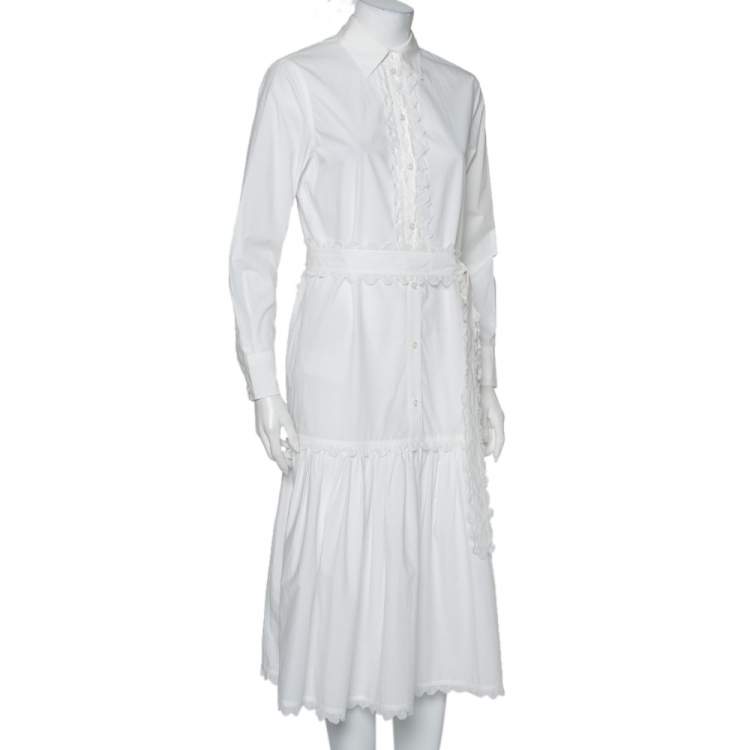 Pre Owned Tory Burch White Cotton Scalloped Ruffled Trim Shirt Dress S 