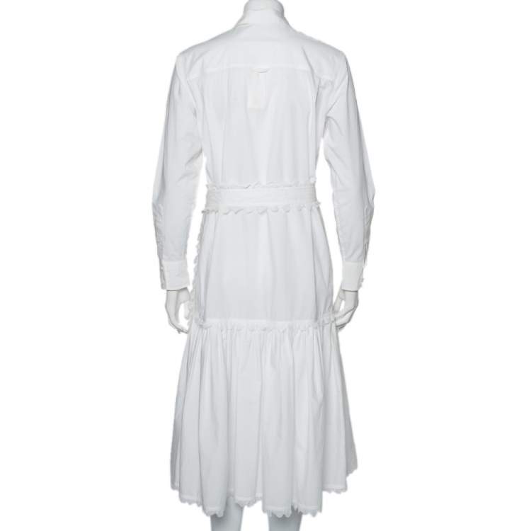 Pre Owned Tory Burch White Cotton Scalloped Ruffled Trim Shirt Dress S 