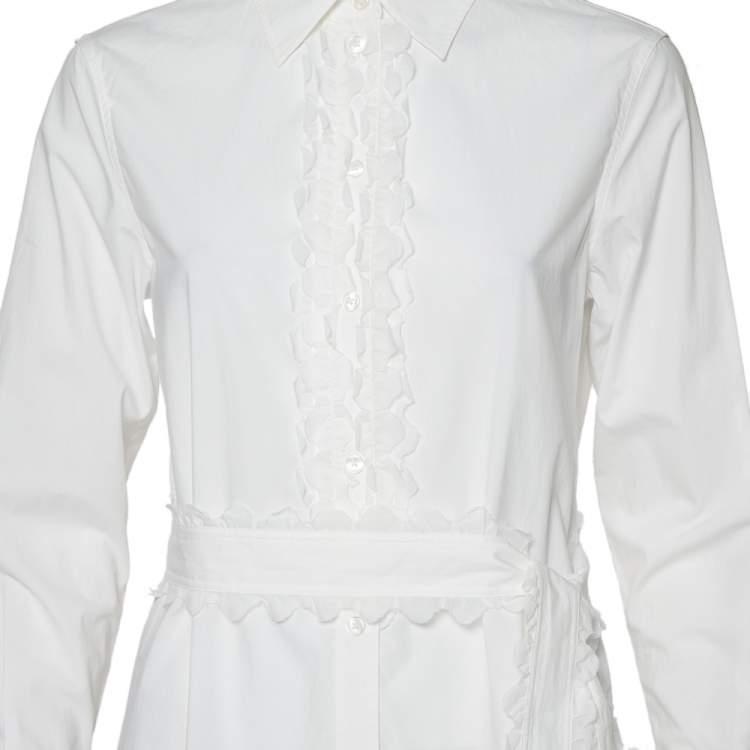 Pre Owned Tory Burch White Cotton Scalloped Ruffled Trim Shirt Dress S 