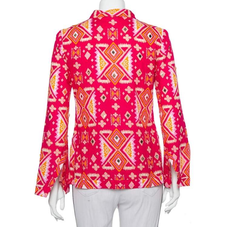 Pre Owned Tory Burch Pink Batik Printed Cotton Embellished Oversized Top S