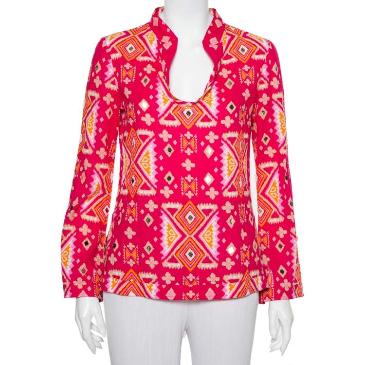 Tory Burch Pink Batik Printed Cotton Embellished Oversized Top S Tory ...