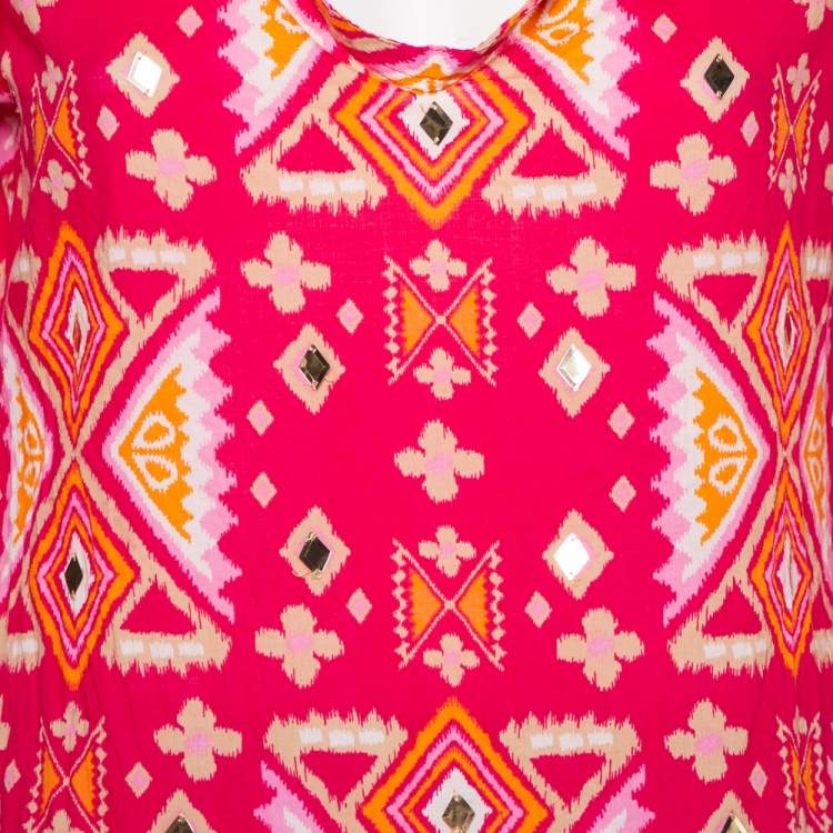 Pre Owned Tory Burch Pink Batik Printed Cotton Embellished Oversized Top S