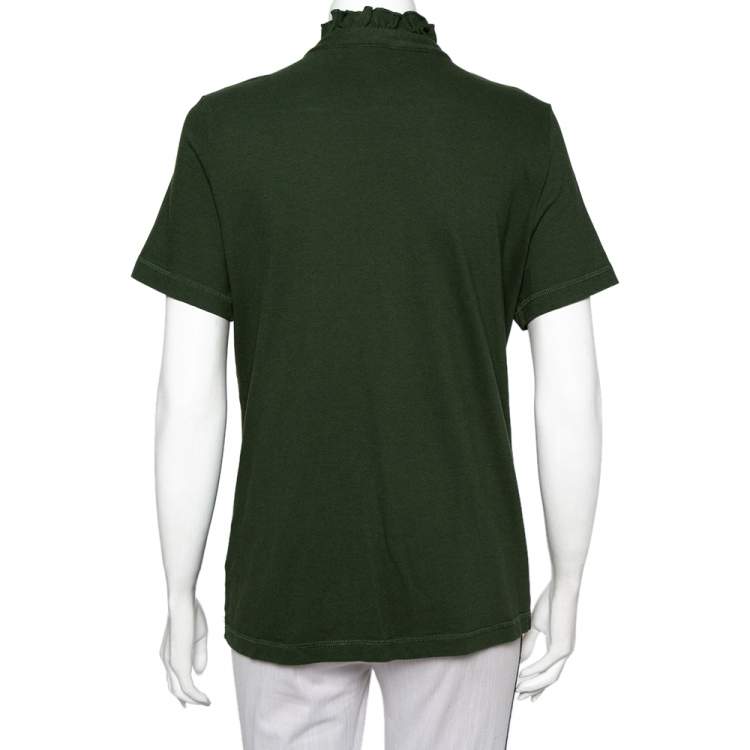 Pre Owned Tory Burch Olive Green Cotton Pique Ruffled Lidia T-Shirt XL