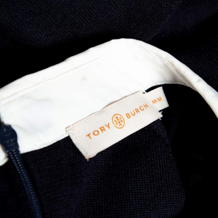 Pre Owned Tory Burch Navy Blue Wool Contrast Paneled Collared Sweater M