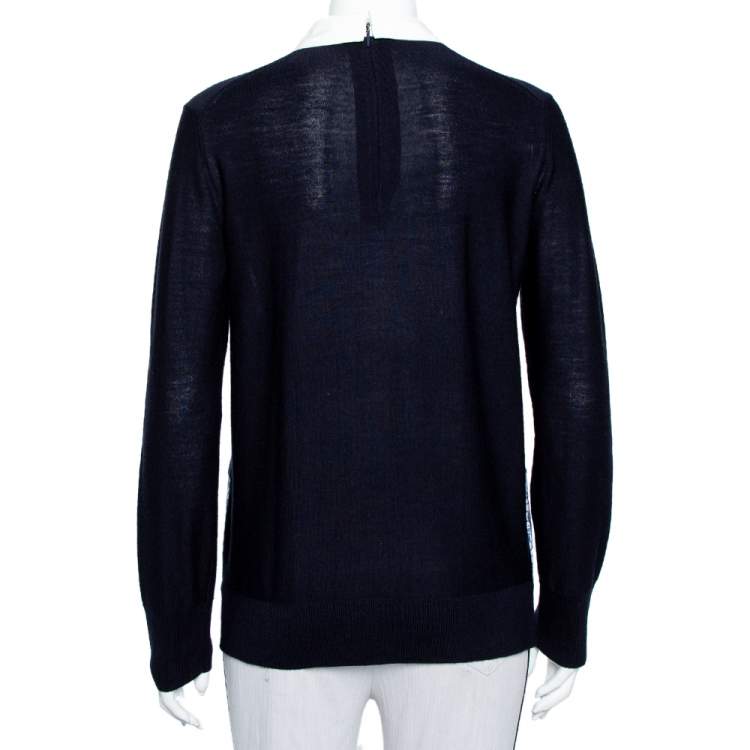 Pre Owned Tory Burch Navy Blue Wool Contrast Paneled Collared Sweater M