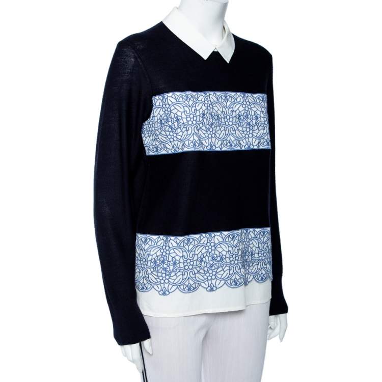 Pre Owned Tory Burch Navy Blue Wool Contrast Paneled Collared Sweater M