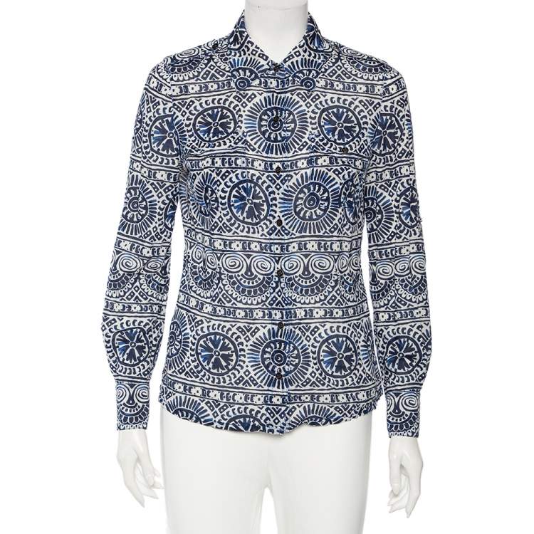 Pre Owned Tory Burch Blue & White Printed Cotton Buttoned Front Shirt M