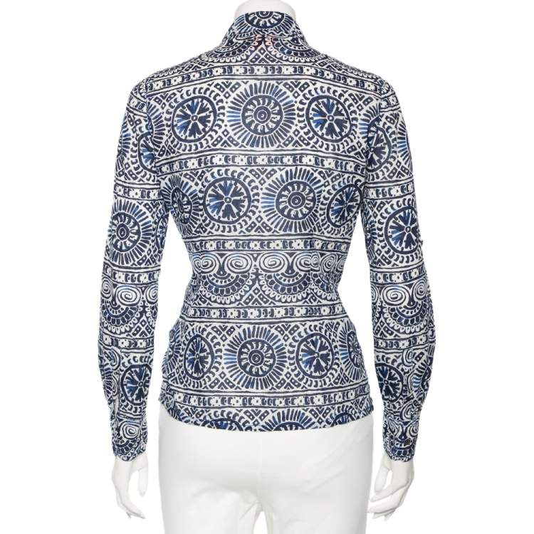 Pre Owned Tory Burch Blue & White Printed Cotton Buttoned Front Shirt M